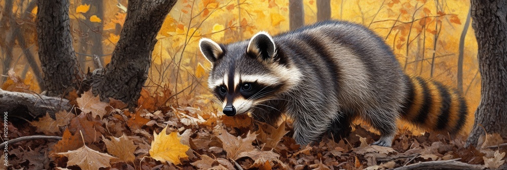 Obraz premium Curious Raccoon Rummaging Through Fallen Leaves in Autumn Woods