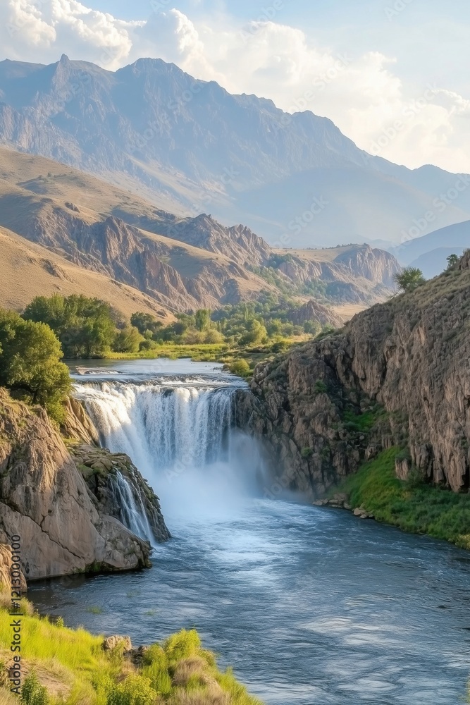 Majestic waterfall cascading down rocky cliffs surrounded by lush greenery and mountains under a clear blue sky Majestic waterfall cascading down rocky cliffs surrounded by lush greenery and mountains under a clear blue sky