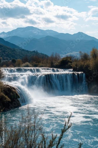 Majestic waterfall cascading over rocky cliffs surrounded by lush greenery and mountains under a bright blue sky