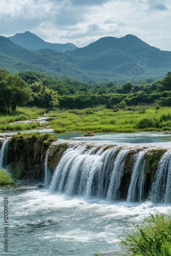 Breathtaking Waterfall Cascading Over Rocks Surrounded by Lush Greenery and Majestic Mountains