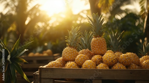 Wooden crates filled with golden pineapples rest under swaying palms, bathed in the warm hues of a tropical sunset.