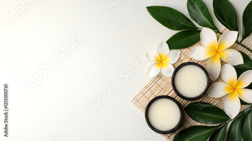 A serene arrangement of natural elements featuring two bowls of cream, tropical flowers, and leaves on a bamboo mat, evoking tranquility and wellness.