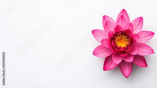 A vibrant pink lotus flower stands out against a white background, showcasing its delicate petals and intricate center.