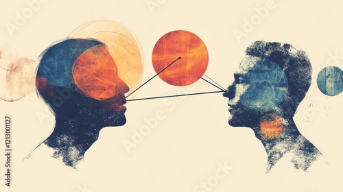 A surrealistic illustration of two faces, one with a red circle and the other with a blue circle, connected by a line.