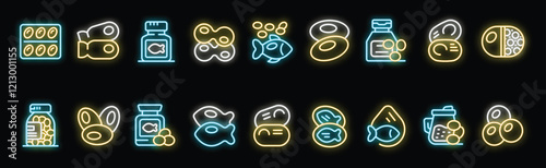 Neon icons representing fish oil supplements, highlighting their role in providing essential omega 3 fatty acids