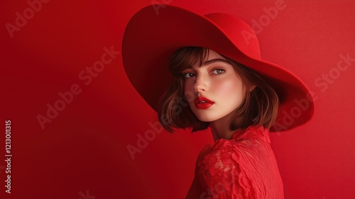 Dressed in a chic red ensemble, the model stands out against the vibrant red backdrop, her sophisticated pose highlighting elegance and style.