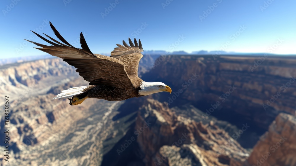 Fototapeta premium A majestic bald eagle soars effortlessly over a sprawling, rugged canyon, embodying freedom and grandeur against the clear sky.