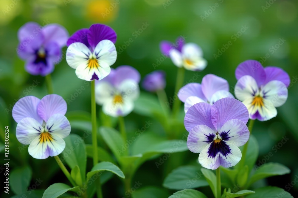 White and purple pansy flowers on a green background with stems, flower stems, gardening, violas White and purple pansy flowers on a green background with stems, flower stems, gardening, violas