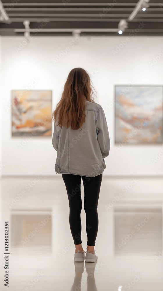 Art gallery visitor admiring abstract paintings, modern art exhibition, woman in casual attire, contemporary art space, minimalist design Art gallery visitor admiring abstract paintings, modern art exhibition, woman in casual attire, contemporary art space, minimalist design