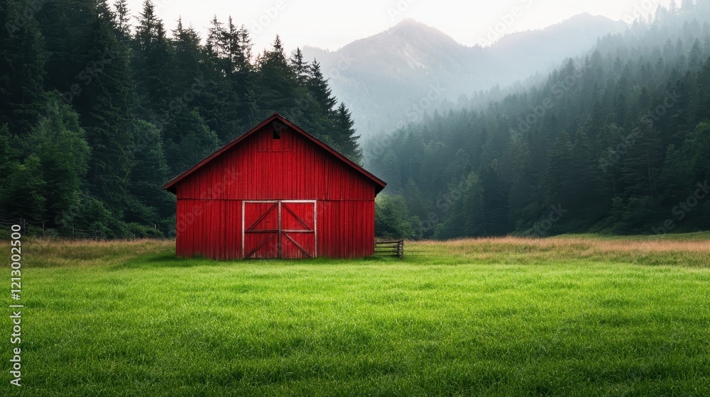 A charming red barn is framed by lush green fields and rugged mountains, symbolizing rural life and the beauty of nature in an idyllic mountainous setting. A charming red barn is framed by lush green fields and rugged mountains, symbolizing rural life and the beauty of nature in an idyllic mountainous setting.