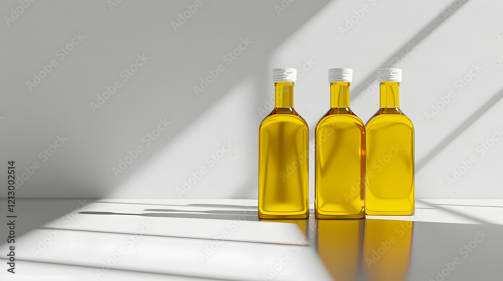 Three bottles of yellow oil arranged stylishly in soft light casting shadows on a white surface Three bottles of yellow oil arranged stylishly in soft light casting shadows on a white surface