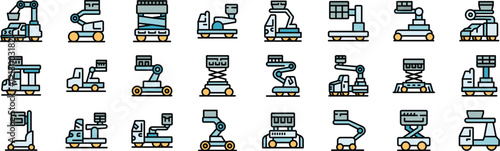 Collection of lifting platform icons representing various types of scissor lifts, boom lifts, and aerial work platforms used in construction, maintenance, and other tasks requiring elevated access