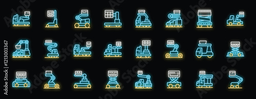 Neon icons representing various lifting platforms, including scissor lifts, boom lifts, and aerial work platforms, commonly used in construction and maintenance