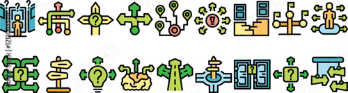 Decision making, choices, strategy planning, career path, opportunity, solution finding, confusion and decision icons set