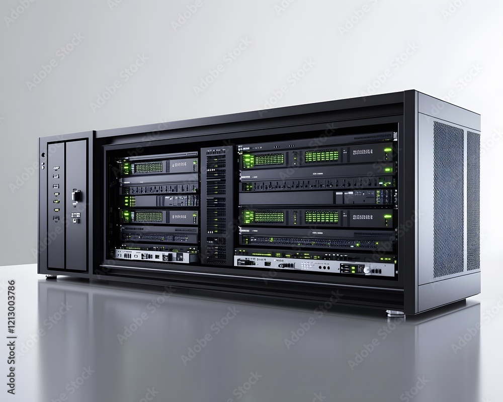 Obraz premium A modern server rack featuring multiple servers with green LED indicators. Ideal for showcasing data centers and high-tech environments.