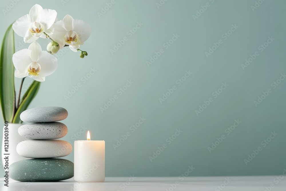 Spa Relaxation with Candles, Stones and Orchid Flower. Spa Relaxation with Candles, Stones and Orchid Flower.