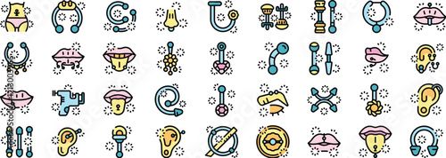 Colorful piercing icons represent various body modifications, featuring needles, jewelry, and pierced body parts like lips, tongues, ears, and navels