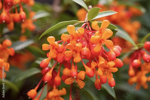 Fiery Beauty: Closeup View of Colorful Orange Tubular Flowers and Red Berries of Hamelia Patens - Firebush Plant in a Garden photo