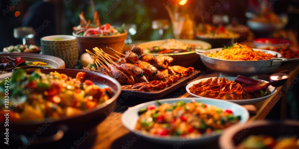 Fototapeta premium Food Celebration with Asian Cuisine and Buffet Options. Exciting Brunch and Dessert Choices to Delight Your Dining Crowd