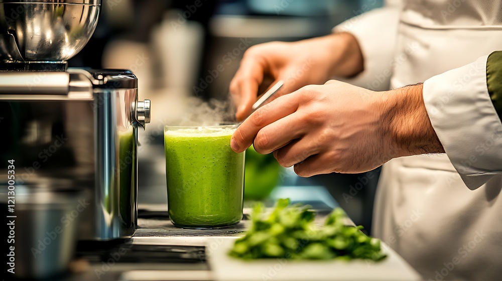 Chef preparing a vibrant green smoothie beverage Chef preparing a vibrant green smoothie beverage