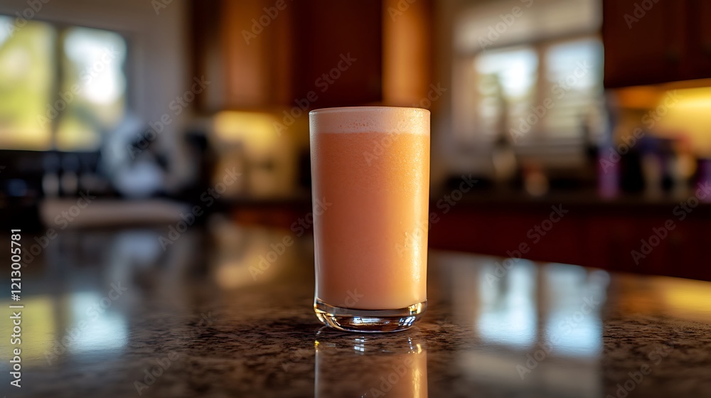 Peach Smoothie in Glass on Kitchen Counter Peach Smoothie in Glass on Kitchen Counter