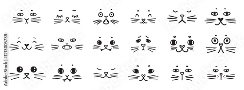 cute funny cat faces doodle hand drawn icon set. Outline drawing cats emotions different mood happy or sad line clipart symbol collection