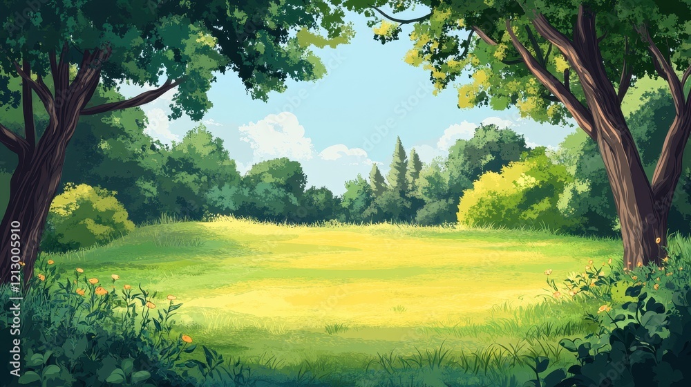 Fototapeta premium Sunny Meadow Surrounded By Lush Green Trees
