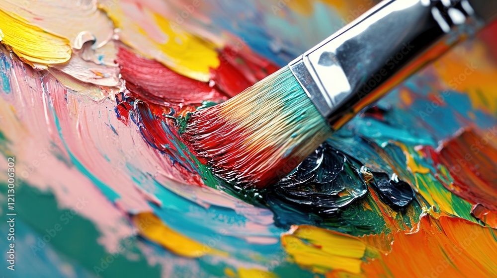 Obraz premium Colorful Palette with Brush Mixing Vibrant Paints in Art Studio