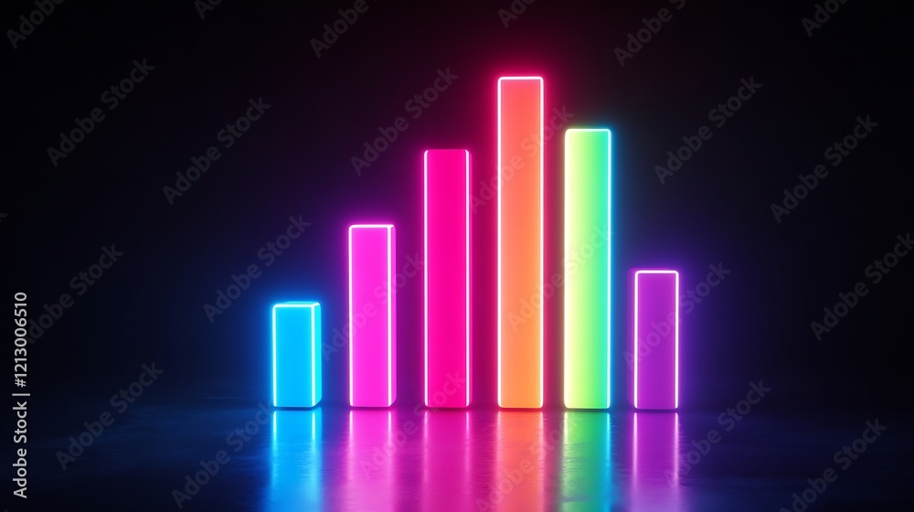 Digital bar graph in bright neon tones showing upward financial trends Digital bar graph in bright neon tones showing upward financial trends