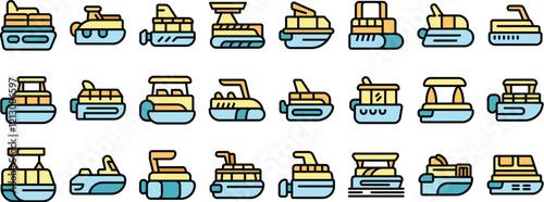 Pontoon boat icons set, outline color flat style, isolated on white background