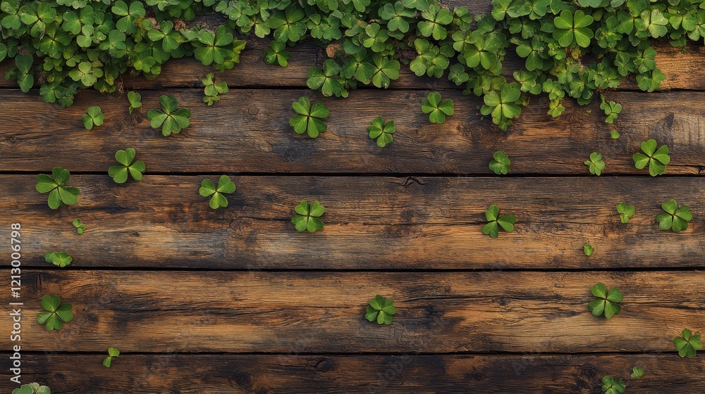 Fototapeta premium St. Patricks Day Celebration, Rustic Wooden Background, Clover Decor, Cozy Vintage Aesthetic, Nature Vibes, Vibrant Greens