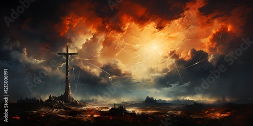 Three Crosses on Calvary: A Dramatic Oil Painting of Crucifixion - Generative AI