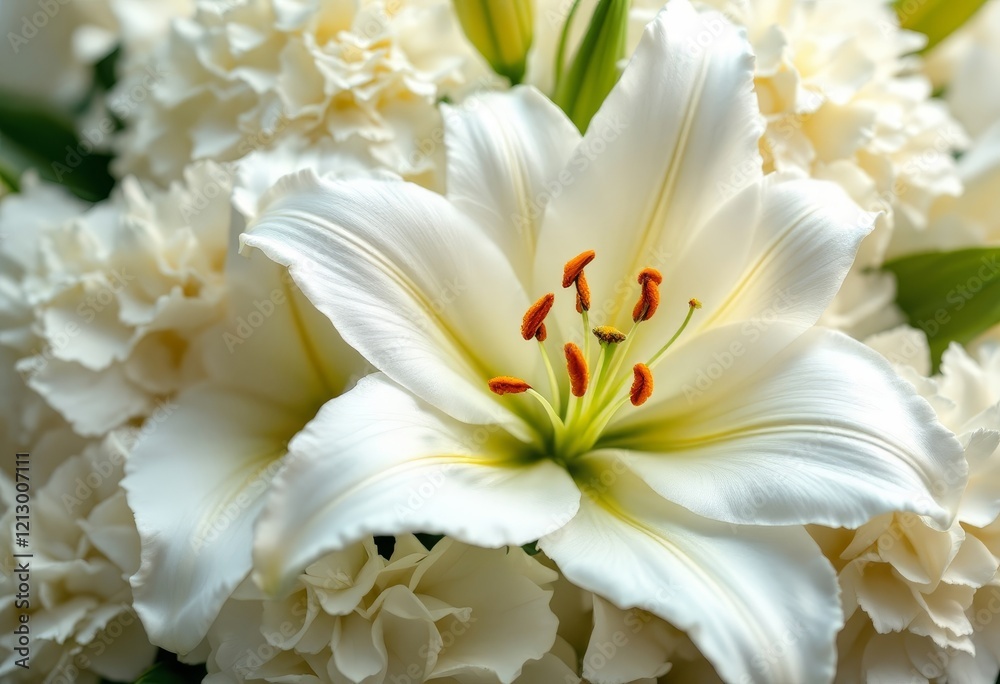Fototapeta premium A close-up image of a pristine white lily, showcasing its delicate petals and vibrant orange stamens