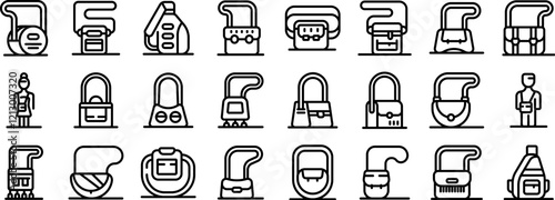 Crossbody icons set. Cleaning lady holding cleaning supplies and various types of bags, including handbags, purses, backpacks, and cleaning supply bags