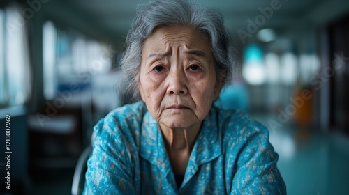 In this captivating image, an elderly woman wearing blue sits pensively, her thoughtful expression embodying the depth of experience and a myriad of human emotions.