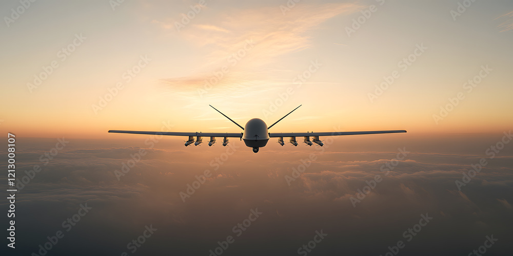 Fototapeta premium Unmanned aerial vehicle (UAV) soaring above a cloud layer during a breathtaking sunset. A captivating image of modern aviation technology against a beautiful natural backdrop.