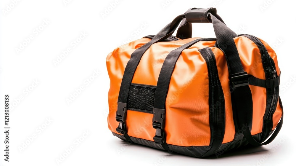 A detailed view of an orange duffle bag showcasing dual handles and black straps, ideal for everyday use, fitness, or as a stylish travel option. A detailed view of an orange duffle bag showcasing dual handles and black straps, ideal for everyday use, fitness, or as a stylish travel option.
