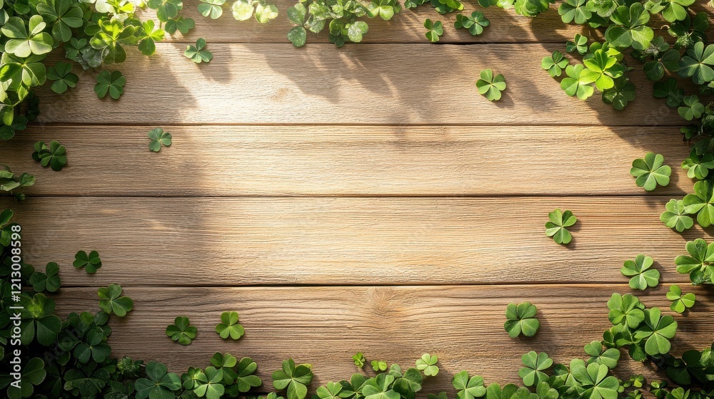 Cheerful St. Patrick's Day Clovers on Wooden Background, Nature Scene, Sunlit Pine Boards, Bright and Festive Atmosphere Cheerful St. Patrick's Day Clovers on Wooden Background, Nature Scene, Sunlit Pine Boards, Bright and Festive Atmosphere