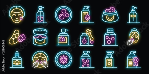 Neon skincare icons glow, showcasing various beauty products, treatments, and routines for healthy, radiant skin
