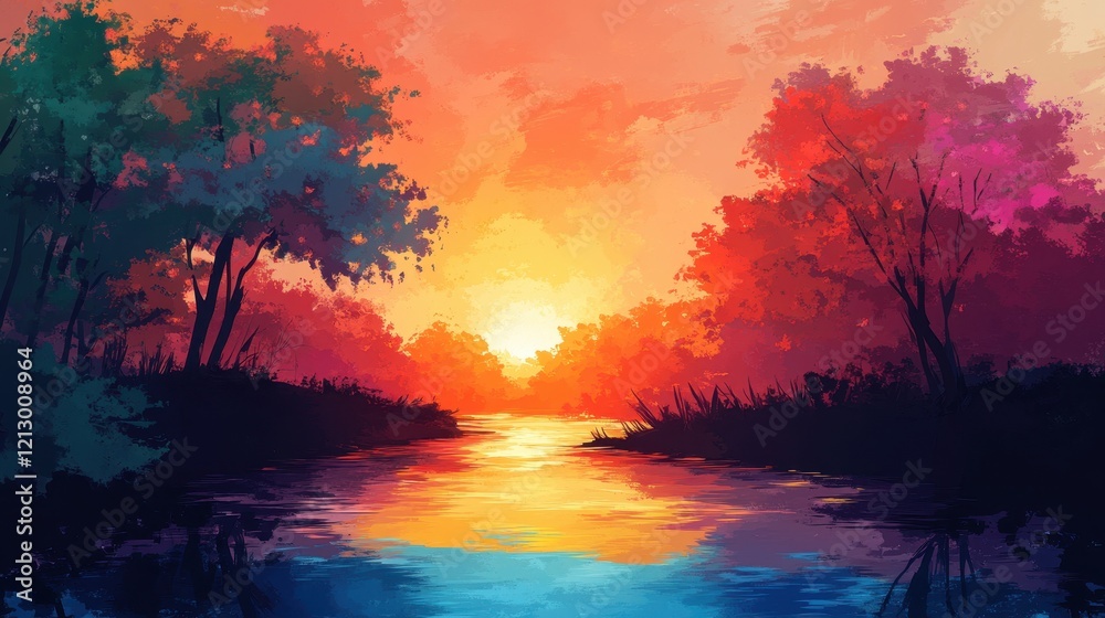 Obraz premium Vibrant Sunset Over a Calm River Landscape