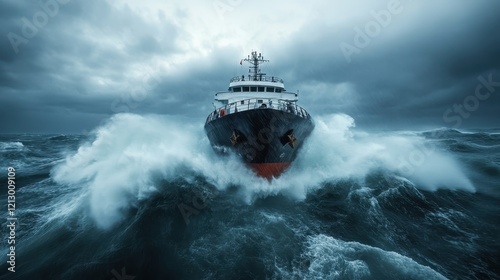 A ship powerfully navigates through towering ocean waves, showcasing the raw power of nature and the courageous spirit of maritime endeavors in challenging waters.