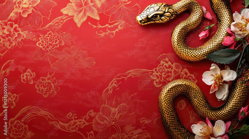 Obraz premium A golden snake is coiled gracefully among white and pink flowers on a rich red background with intricate gold floral patterns. Perfect for Chinese New Year designs and festive decor