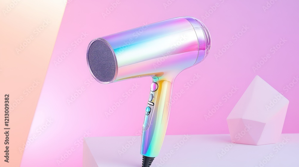 Fototapeta premium Iridescent Hair Dryer on Pink Background