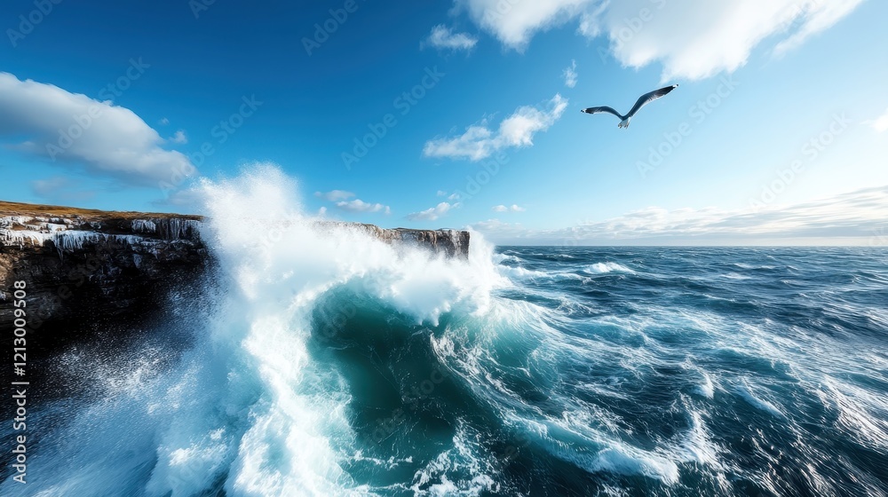 A stunning view of powerful waves crashing against rocky cliffs under a beautiful blue sky, capturing the raw beauty and energy of nature in dynamic motion. A stunning view of powerful waves crashing against rocky cliffs under a beautiful blue sky, capturing the raw beauty and energy of nature in dynamic motion.