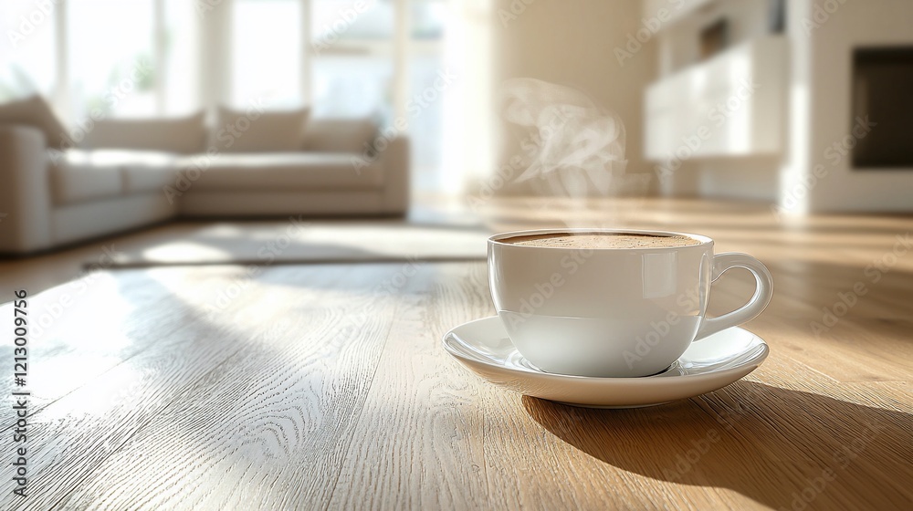 Steaming coffee cup on wooden floor in sunlit living room. Steaming coffee cup on wooden floor in sunlit living room.