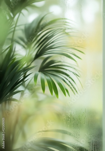 Tropical plant leaves in front of frosted glass with vertical streaks. A peaceful and bright setting, ideal for eco and minimalistic themes.