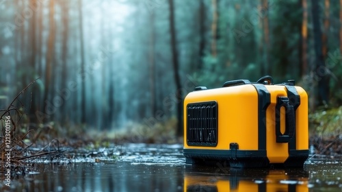 A sleek yellow generator positioned by still waters in a misty forest, symbolizing outdoor utility and the harmony of technology with nature’s tranquility.