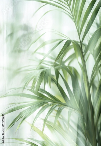 Tropical plant leaves in front of frosted glass with vertical streaks. A peaceful and bright setting, ideal for eco and minimalistic themes.