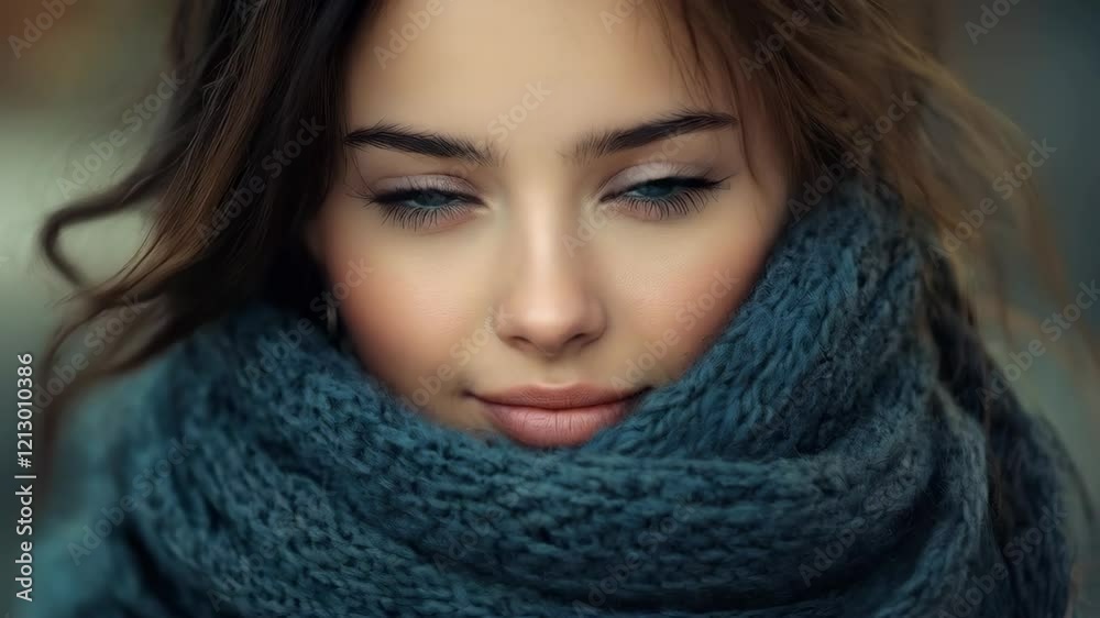 Cozy winter portrait of a young woman wrapped in a wool scarf Cozy winter portrait of a young woman wrapped in a wool scarf
