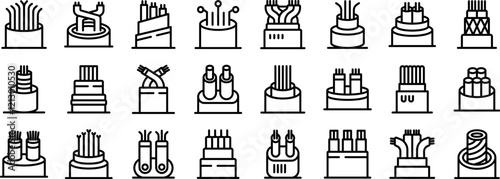 Electrical wire conductors icons set. Optical fiber cable wire icons set showing modern fiber optic cable technology for fast internet and data transfer